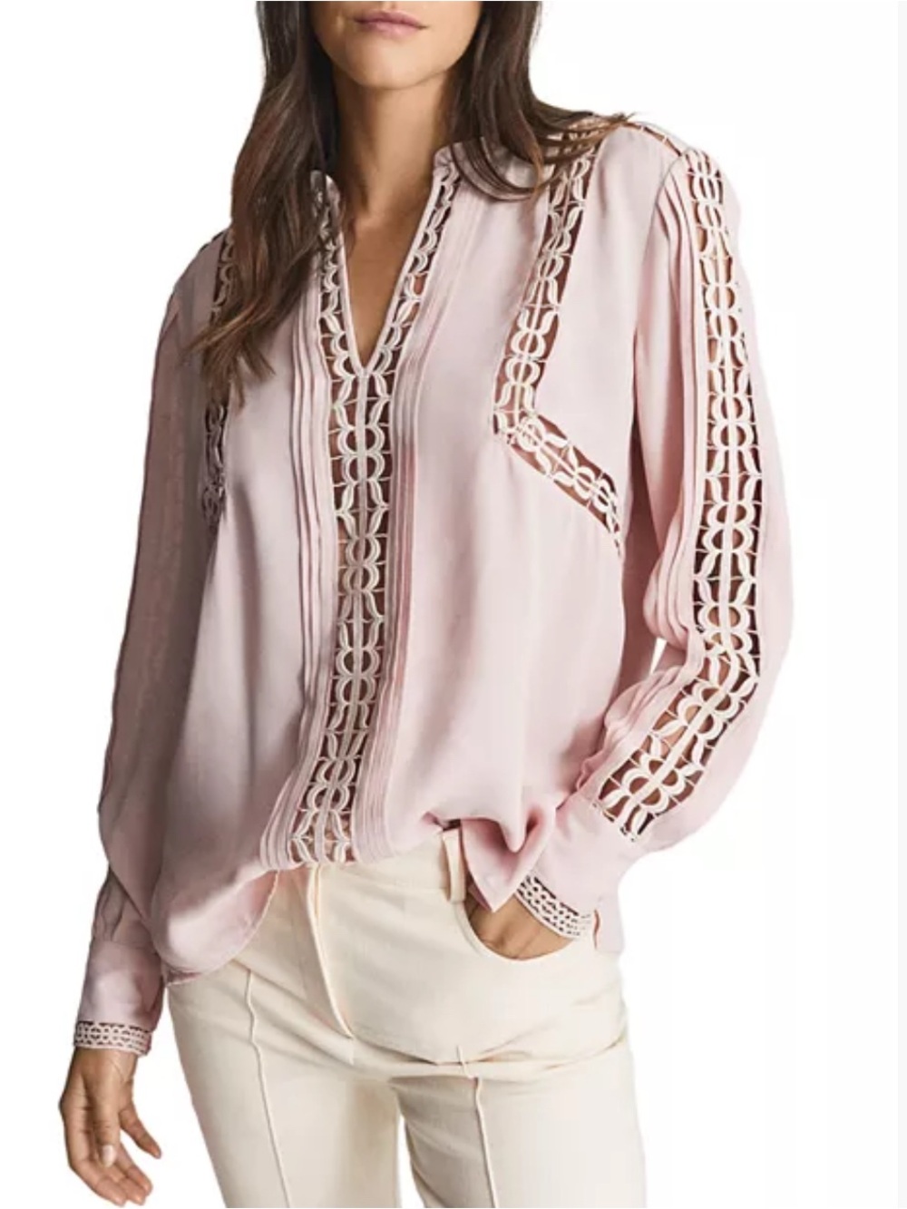 Reiss Women's Freda Bloom Pink Detail V-Neck Blouse 8